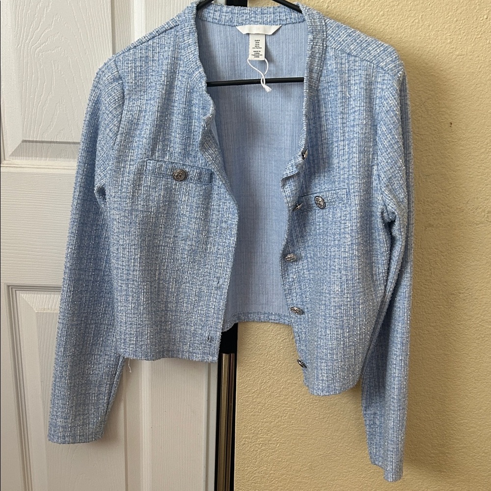 H&M Powder Blue Tweed Cropped Blazer